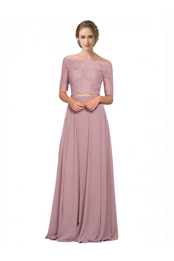 Off the Shoulder Lace Crop Top A-Line Chiffon Bridesmaid Dress / Prom Dress