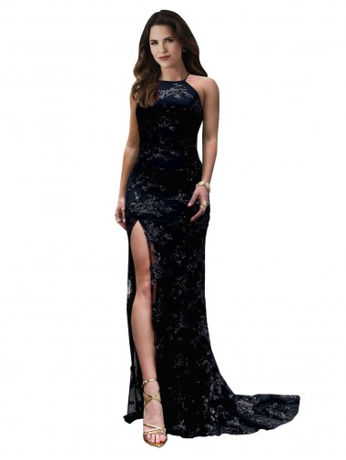 Shop Formal High Neckline Lace Open Back Bridesmaid Dress / Prom Dress with High Slit UK