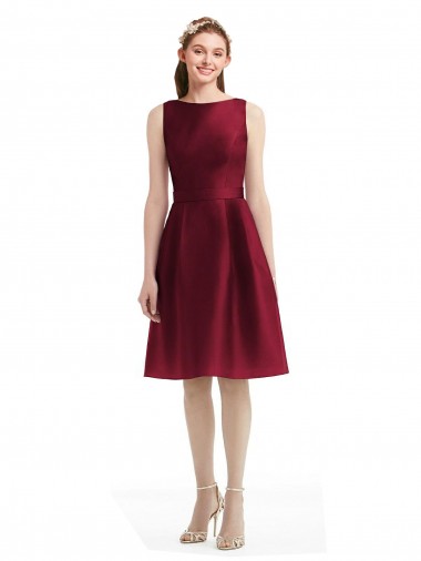 Shop Short Midi Length Satin Cocktail Bridesmaid Dress with Bateau Neckline and V-Back UK