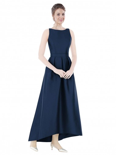 Shop Full Length Sleeveless Long Satin Bridesmaid Dress with High Low Hem Detail UK