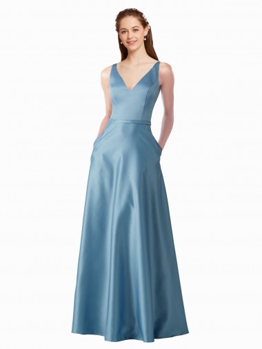 Shop Classic Satin V-Neck A-Line Bridesmaids Dress with Pockets UK