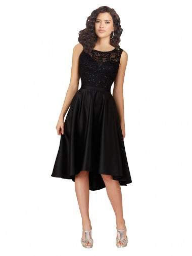 Shop Short High Low Satin Cocktail Bridesmaid Dress with a Beaded and Embroidered Bodice UK