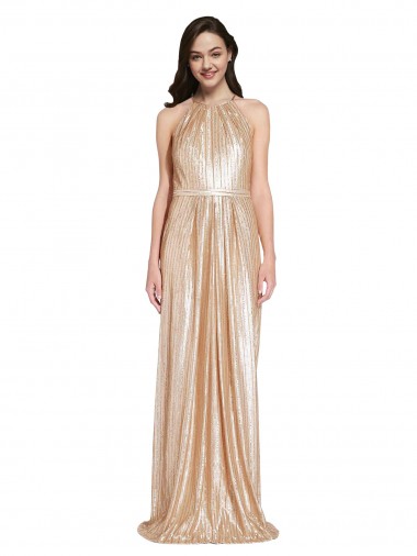 Shop Floor Length Halter Neck Sparkling Formal Sequin Bridesmaid Dress / Prom Dress with Pleats UK