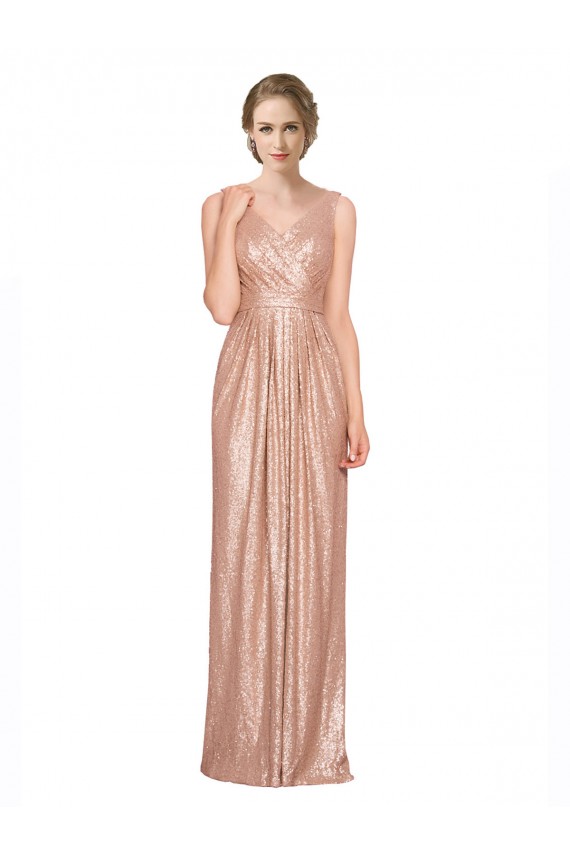 Draped V-Neck Striking Sheath Floor Length Formal Sequin Bridesmaid Dress / Prom Dress