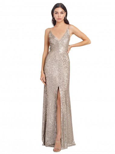 Shop V-Neck Fully Sequin Formal Bridesmaid Dress / Prom Dress with V-Back and Front Slit UK