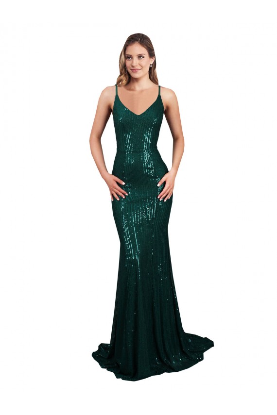 Fishtail Shaped V-Neck Open Back Long Formal Sequin Bridesmaid Dress / Prom Dress