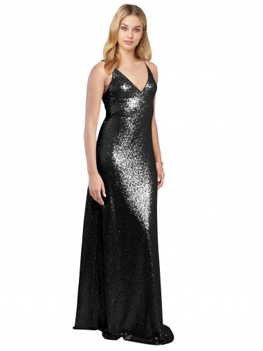 Shop Full Length A-Line Formal Sequin Bridesmaid Dress / Prom Dress with Spaghetti Straps V-Neckline UK