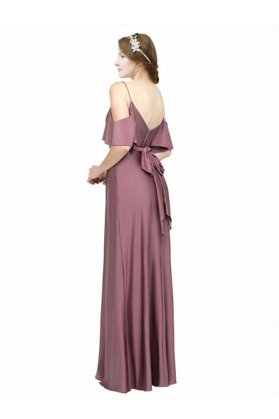 Draped Cold Shoulder Sleeves Long Formal Silky Satin Bridesmaid Dress / Prom Dress with Slit and Tie Back