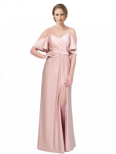 Shop Draped Cold Shoulder Sleeves Long Formal Silky Satin Bridesmaid Dress / Prom Dress with Slit and Tie Back UK