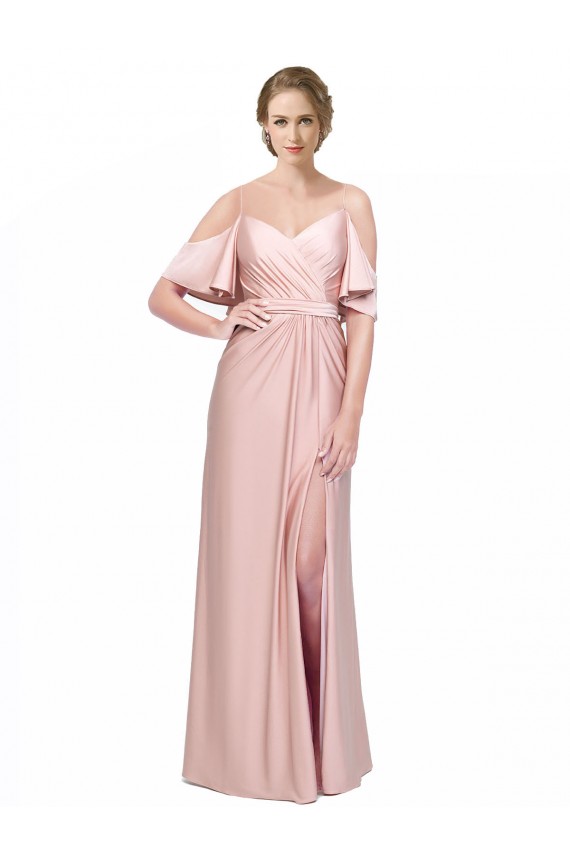 Draped Cold Shoulder Sleeves Long Formal Silky Satin Bridesmaid Dress / Prom Dress with Slit and Tie Back