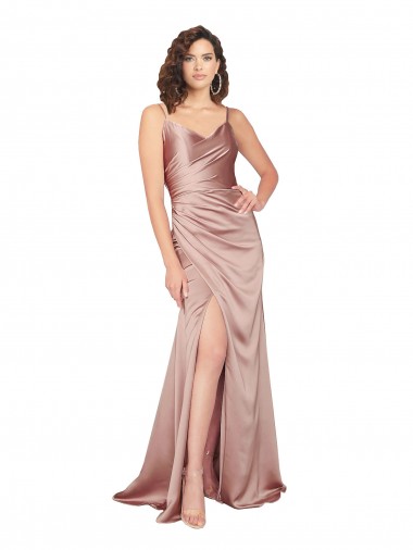 Shop Floor Length Formal Silky Satin Bridesmaid Dress / Prom Dress with Front Skirt Slit UK