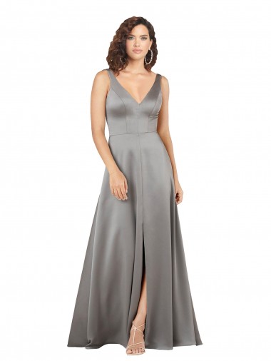 Shop Plunging V-Neckline Long A-Line Formal Silky Satin Bridesmaid Dress / Prom Dress UK