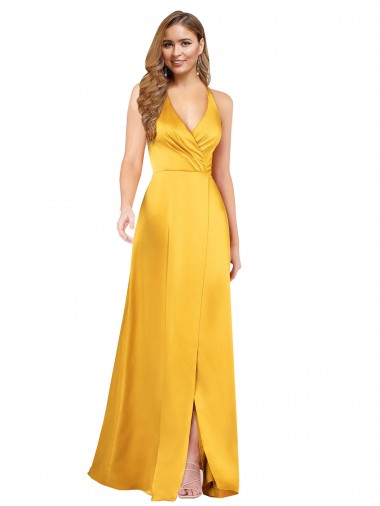 Shop Halter A-Line Formal Silky Satin Bridesmaid Dress / Prom Dress with V-Neckline and Slit UK