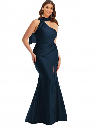 Shop Scarf Neck One Shoulder Formal Silky Satin Mermaid Bridesmaid Dress / Prom Dress with Front Slit UK