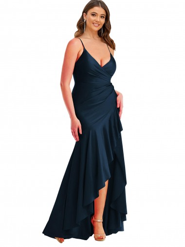 Shop Pleated Wrap Ruffled High Low Formal Silky Satin Bridesmaid Dress / Prom Dress UK