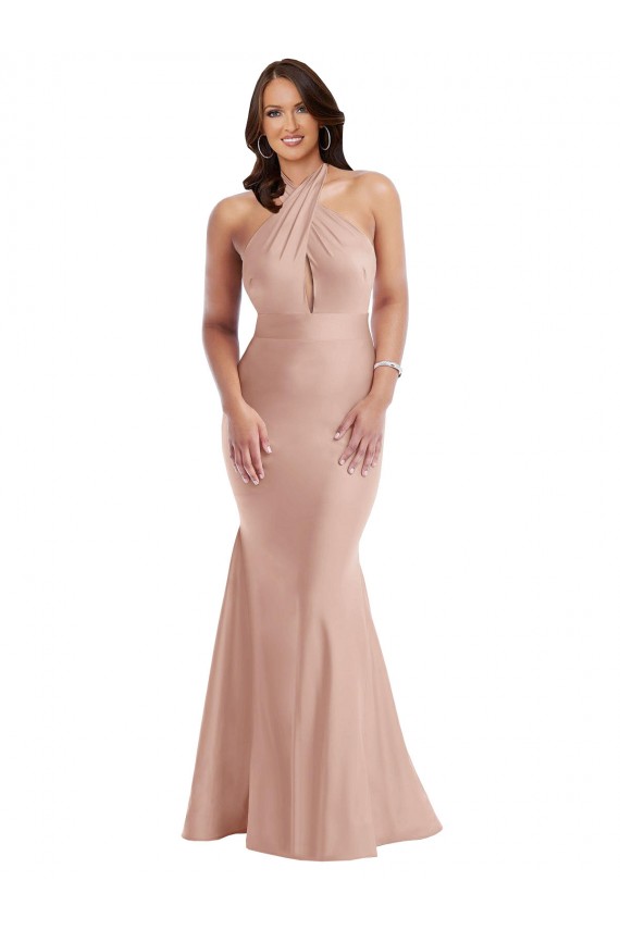 Criss Cross Halter Open Back Formal Silky Satin Mermaid Bridesmaid Dress / Prom Dress