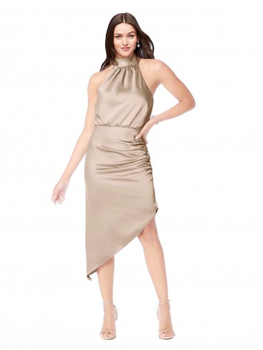 Shop Silky Satin High Low Midi Cocktail Length Bridesmaid Dress / Prom Dress with Asymmetric Skirt UK