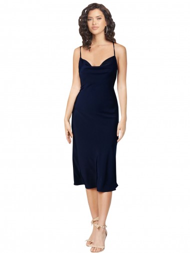 Shop Short Cocktail Midi Length Formal Silky Satin Bridesmaid Dress / Prom Dress with Cowl Neck and Cross Back Straps UK