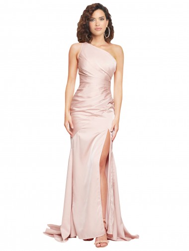 Shop Full Length One Shoulder Long Formal Silky Satin Bridesmaid Dress / Prom Dress with High Split UK