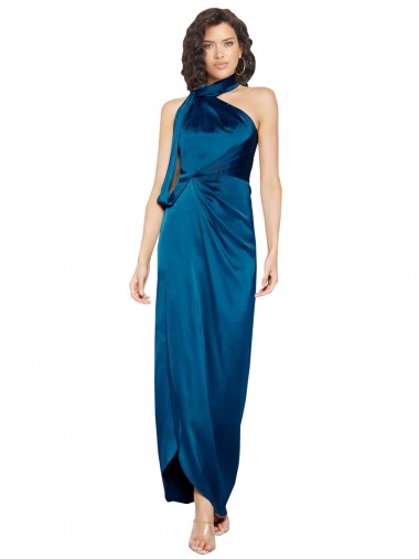 Shop High Halter Neck Formal Silky Satin Bridesmaid Dress / Prom Dress with Sash Overlay and Side Split UK