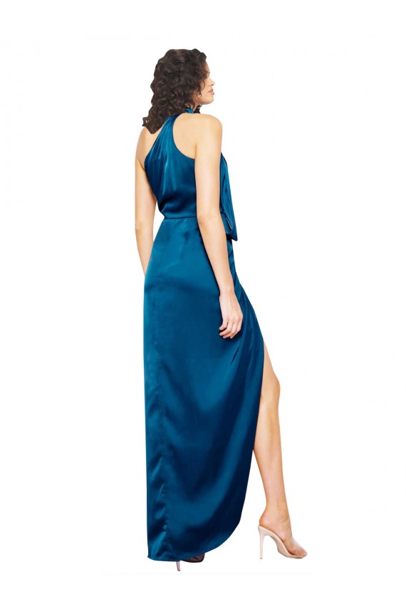 High Halter Neck Formal Silky Satin Bridesmaid Dress / Prom Dress with Sash Overlay and Side Split