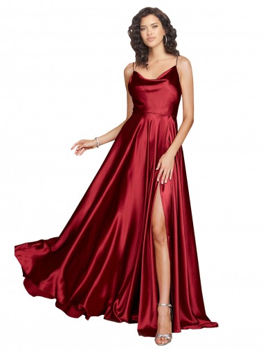 Shop Cowl Neckline Long Formal Silky Satin Bridesmaid Dress / Prom Dress with Spaghetti Straps UK