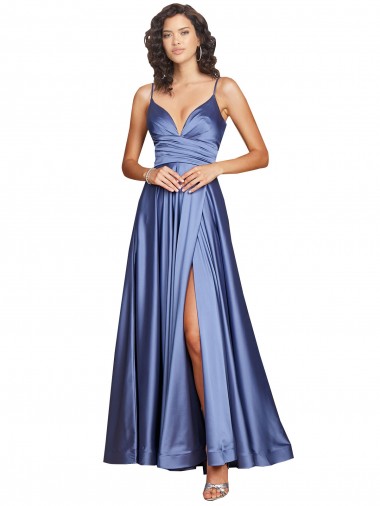 Shop Deep V-Neck Sweetheart Long Formal Silky Satin Bridesmaid Dress / Prom Dress with Thigh High Slit UK