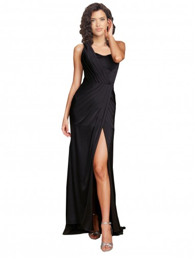 Shop Full Length One Shoulder Ruffled Long Formal Silky Satin Bridesmaid Dress / Prom Dress with High Slit UK