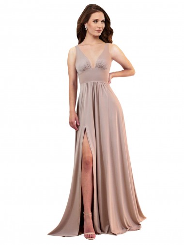 Shop Long A-Line Plunge V-Neckline Formal Spandex Bridesmaid Dress / Prom Dress with Slit UK