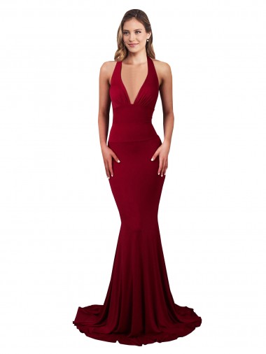 Shop Halter Mermaid Plunge V-Neckline Open Back Bow Tie Formal Spandex Bridesmaid Dress / Prom Dress UK