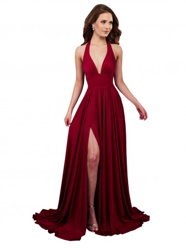 Shop A-Line Halter Plunge V-Neckline Open Back Formal Spandex Bridesmaid Dress / Prom Dress with Slit UK