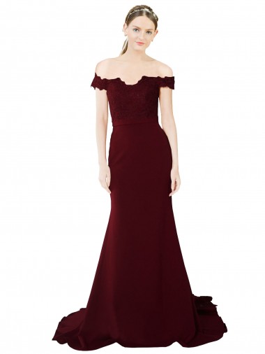 Shop Full Length Off the Shoulder Formal Crepe Bridesmaid Dress / Prom Dress with Lace On Bodice and Back UK