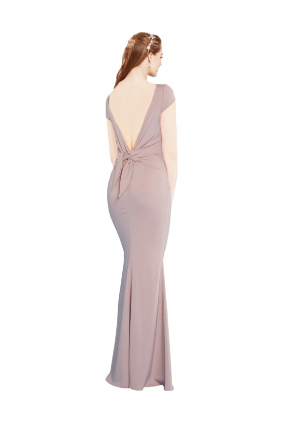 Boat Neck Cap Sleeve Formal Crepe Bridesmaid Dress / Prom Dress with Plunging Tie Back