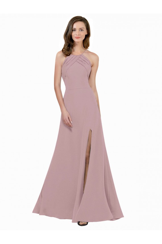 High Neck Crepe Bridesmaid Dress / Prom Dress with Pleats and Keyhole Back