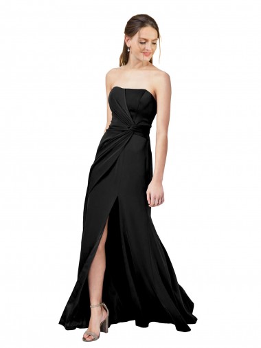 Shop Strapless Fit and Flare Long Formal Crepe Bridesmaid Dress / Prom Dress with Knot and Slit UK