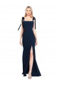 Flat Tie Shoulder Crepe Trumpet Bridesmaid Dress / Prom Dress with Front Slit