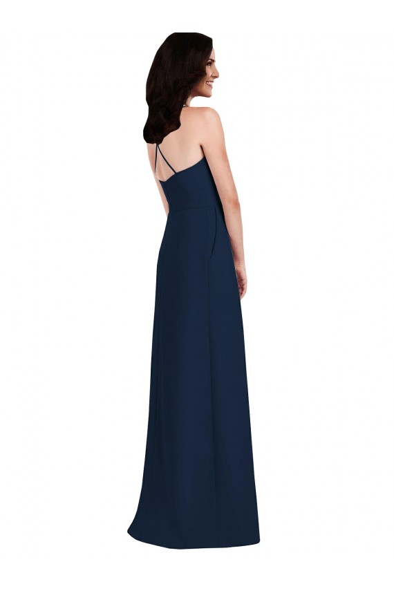 Criss Cross Back Crepe Halter Bridesmaid Dress with Pockets