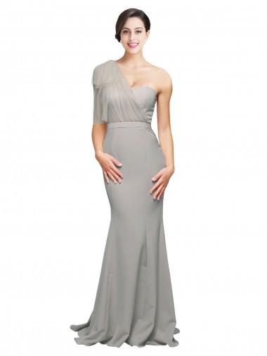 Shop Long Sweep Train Sweetheart Formal Crepe Bridesmaid Dress / Prom Dress with Tulle One Shoulder UK