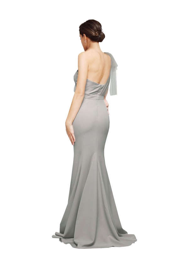 Long Sweep Train Sweetheart Formal Crepe Bridesmaid Dress / Prom Dress with Tulle One Shoulder