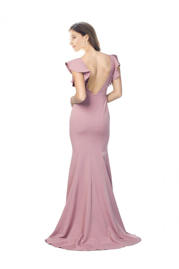 Flutter Sleeves Low V-Back High Round Neck Formal Crepe Bridesmaid Dress / Prom Dress