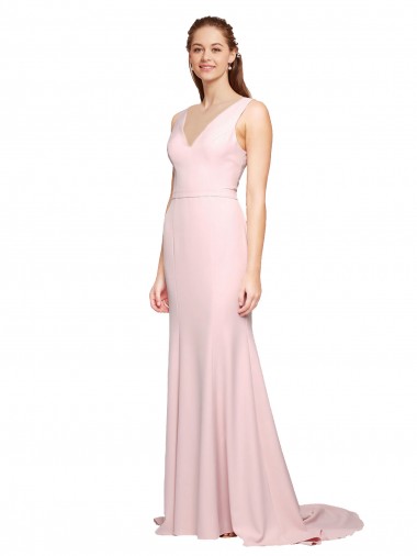 Shop Deep V-Neckline and Back Long Sweep Train Crepe Bridesmaid Dress / Prom Dress with Shoulder Straps UK