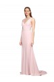 Deep V-Neckline and Back Long Sweep Train Crepe Bridesmaid Dress / Prom Dress with Shoulder Straps