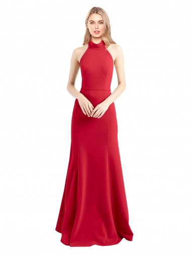 Shop Sleek Fit and Flare High Neck Halter Stretch Formal Crepe Bridesmaid Dress / Prom Dress with Open Back UK