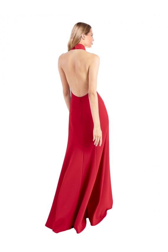 Sleek Fit and Flare High Neck Halter Stretch Formal Crepe Bridesmaid Dress / Prom Dress with Open Back