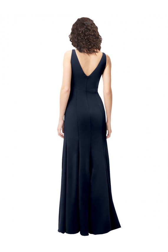 Classic V-Neck Long Stretch Formal Crepe Bridesmaid Dress / Prom Dress with V-Back