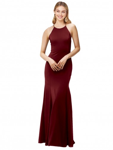 Shop Fit and Flare Halter Neckline Stretch Formal Crepe Bridesmaid Dress / Prom Dress with Strappy Back UK