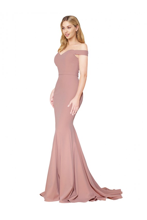 Off the Shoulder Sweetheart Long Sweep Train Formal Crepe Bridesmaid Dress / Prom Dress