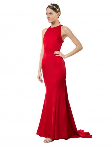 Shop High Neck Mermaid Open Back Formal Crepe Maxi Bridesmaid Dress / Prom Dress with Train Detail UK