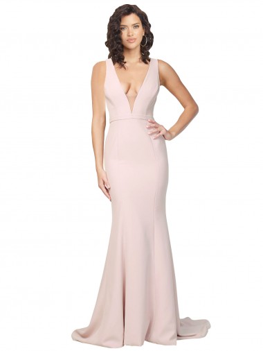 Shop Deep Plunging V-Neckline Full Length Formal Crepe Bridesmaid Dress / Prom Dress with Deep V-Backline UK