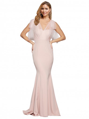 Shop Double Bow Full Length Sweetheart Formal Crepe Bridesmaid Dress / Prom Dress with Tulle Overlay UK